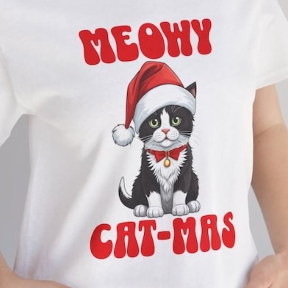 Cute Cat Christmas T-Shirt, Meowy Cat-Mas T-Shirt, Holiday Cat T-Shirt - Picture 2 of 5